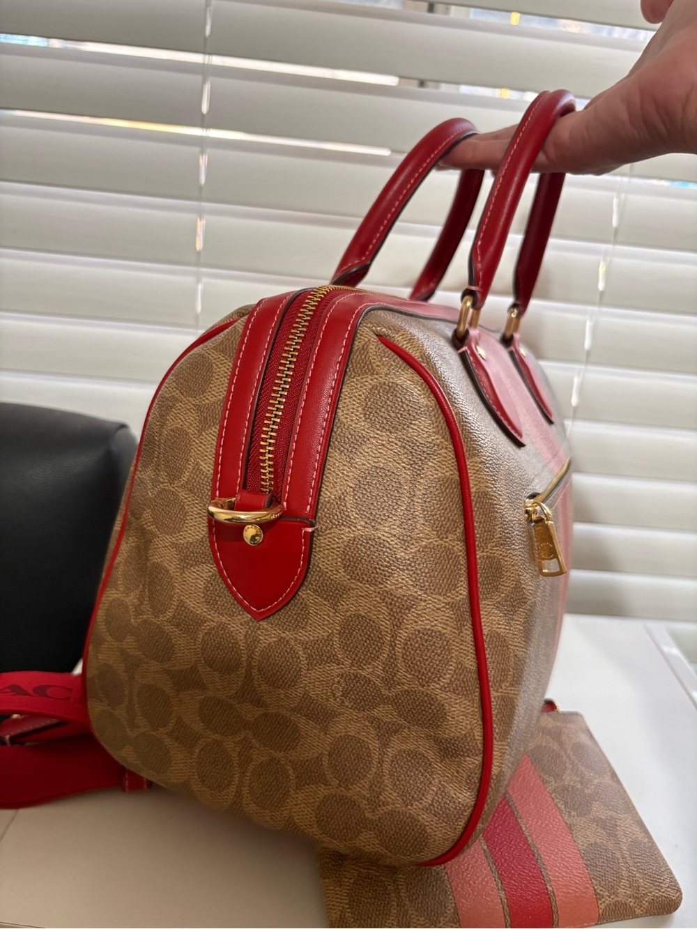 ❤️Coach Rowan Satchel Large Signature Canvas With Red/ Pink Stripe Set. - Picture 6 of 10